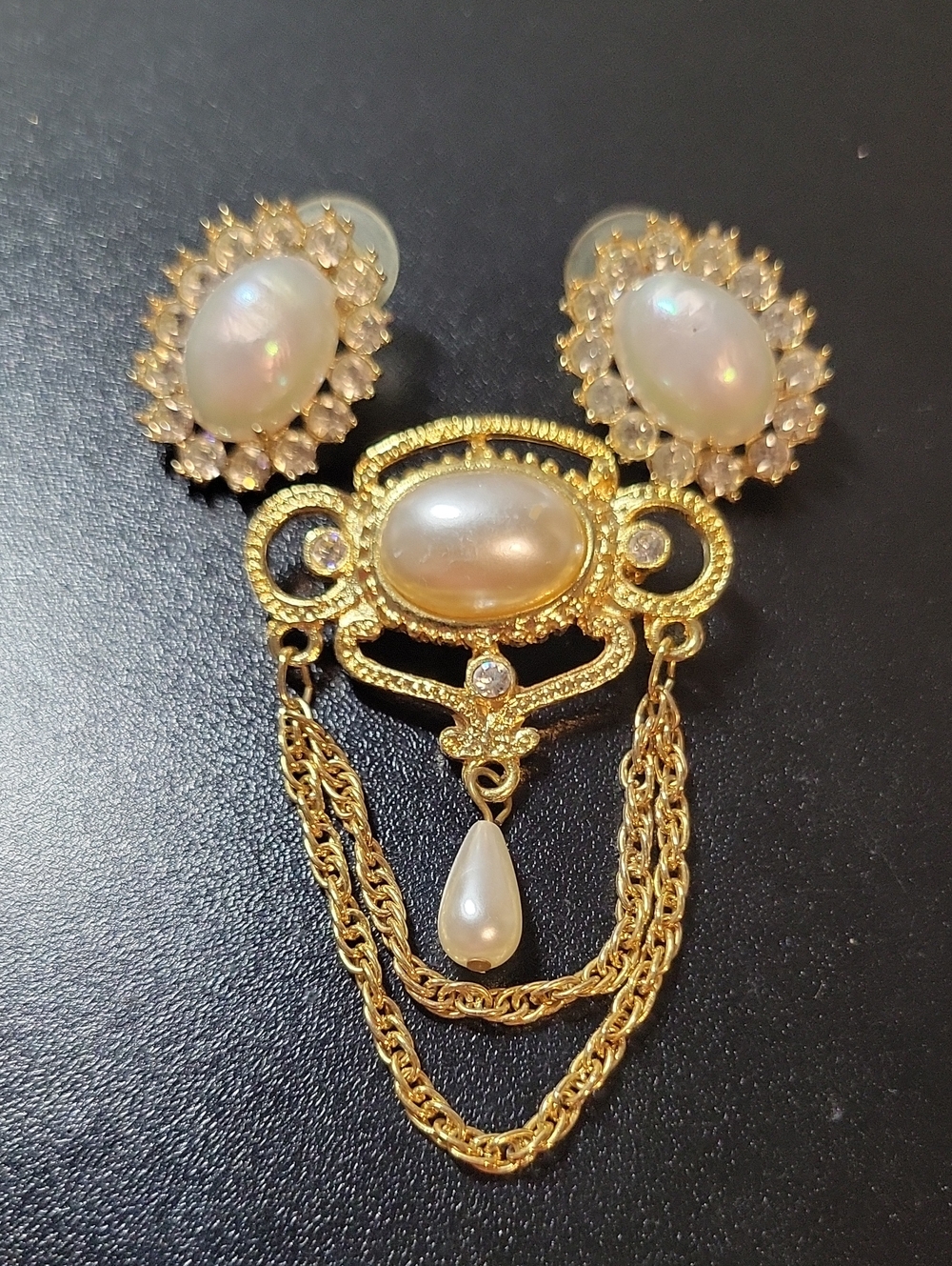 Pearl Drop Brooch and Clip-On Earring Set - White Pearlescent Accents